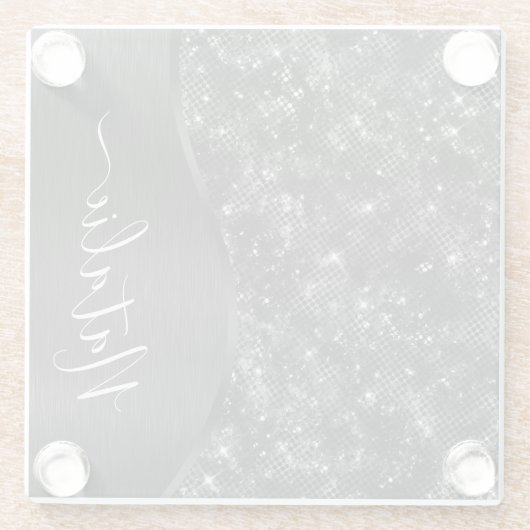 Metallic Black Glitter Personalized Glazen Onderzetter (Achterkant)