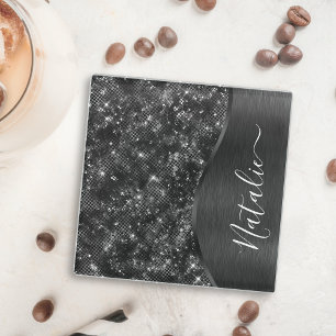 Metallic Black Glitter Personalized Glazen Onderzetter