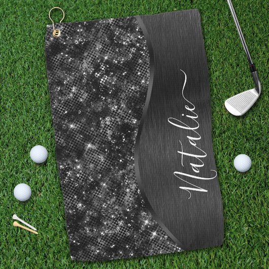 Metallic Black Glitter Personalized Golfhanddoek