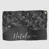 Metallic Black Glitter Personalized Golfhanddoek (Horizontaal)