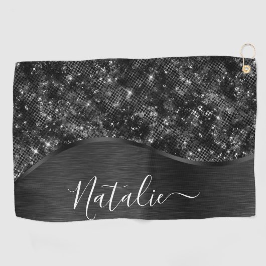 Metallic Black Glitter Personalized Golfhanddoek (Horizontaal)