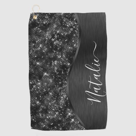 Metallic Black Glitter Personalized Golfhanddoek (Voorkant)