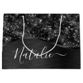 Metallic Black Glitter Personalized Groot Cadeauzakje (Voorkant)