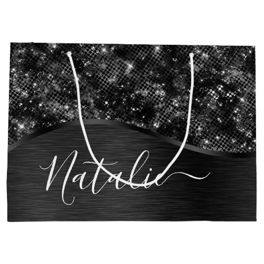 Metallic Black Glitter Personalized Groot Cadeauzakje (Achterkant)
