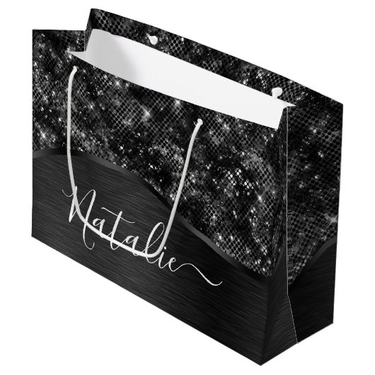 Metallic Black Glitter Personalized Groot Cadeauzakje (Voorkant Gekanteld)