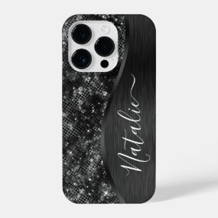 Metallic Black Glitter Personalized iPhone 14 Plus Hoesje