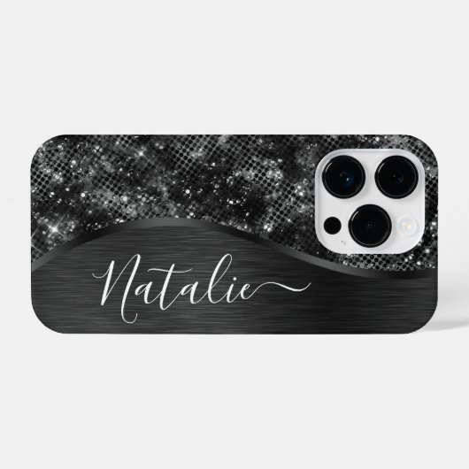 Metallic Black Glitter Personalized iPhone Hoesje (Achterkant horizontaal)