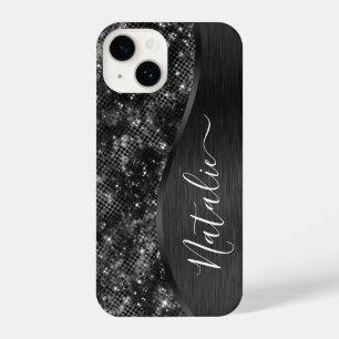 Metallic Black Glitter Personalized iPhone 14 Hoesje