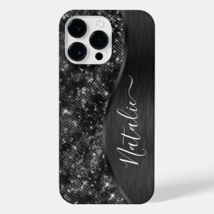 Metallic Black Glitter Personalized iPhone 14 Pro Max Hoesje