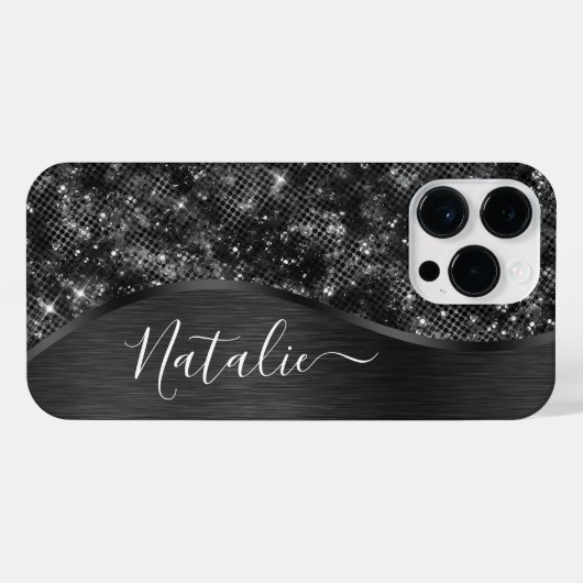 Metallic Black Glitter Personalized iPhone Hoesje (Achterkant horizontaal)