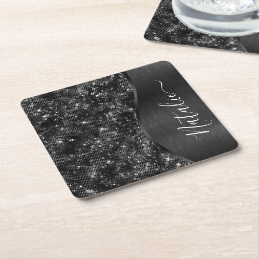 Metallic Black Glitter Personalized Kartonnen Onderzetters (Schuin)