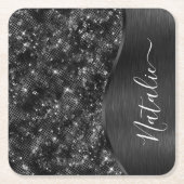 Metallic Black Glitter Personalized Kartonnen Onderzetters (Voorkant)