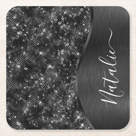 Metallic Black Glitter Personalized Kartonnen Onderzetters (Voorkant)