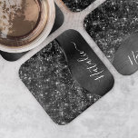Metallic Black Glitter Personalized Kartonnen Onderzetters<br><div class="desc">Pas dit zwarte geborstelde metaal eenvoudig aan en glamoureus faux glitter patterned square paper onderzetter met uw eigen aangepaste naam.</div>