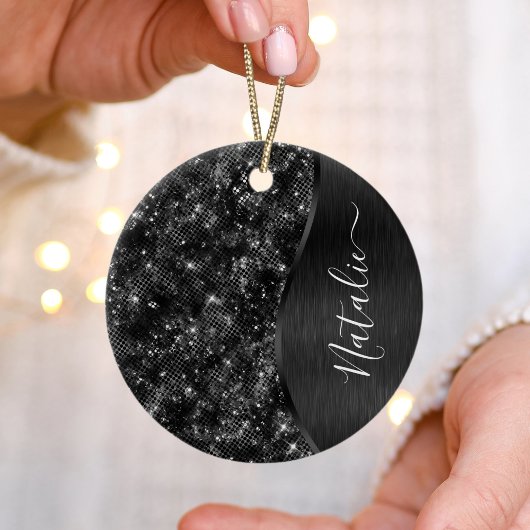 Metallic Black Glitter Personalized Keramisch Ornament