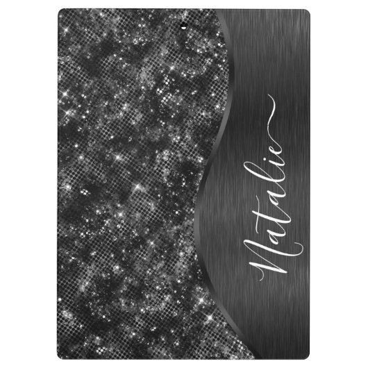 Metallic Black Glitter Personalized Klembord (Achterkant)