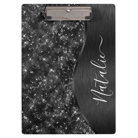 Metallic Black Glitter Personalized Klembord (Voorkant)