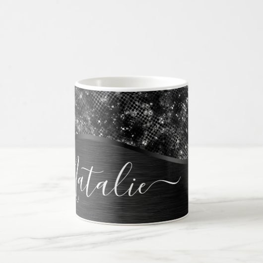 Metallic Black Glitter Personalized Koffiemok (Center)