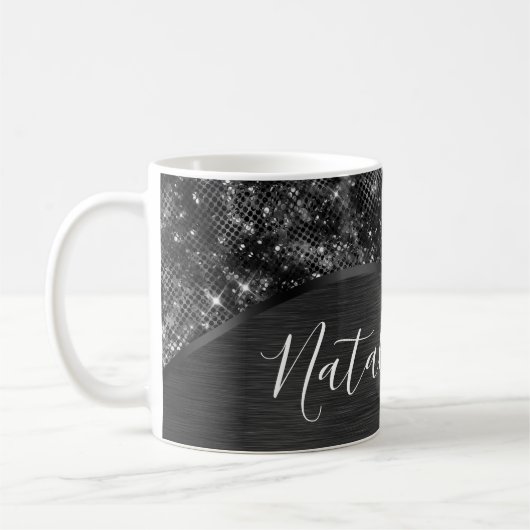 Metallic Black Glitter Personalized Koffiemok (Links)