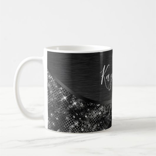 Metallic Black Glitter Personalized Koffiemok (Links)