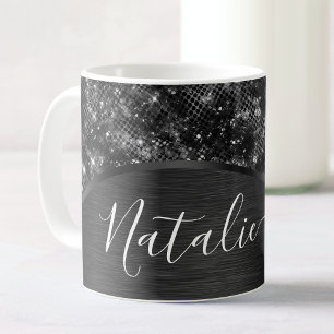 Metallic Black Glitter Personalized Koffiemok