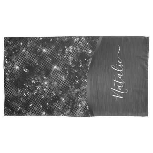 Metallic Black Glitter Personalized Kussensloop (Voorkant)