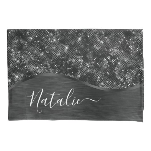 Metallic Black Glitter Personalized Kussensloop (Voorkant)