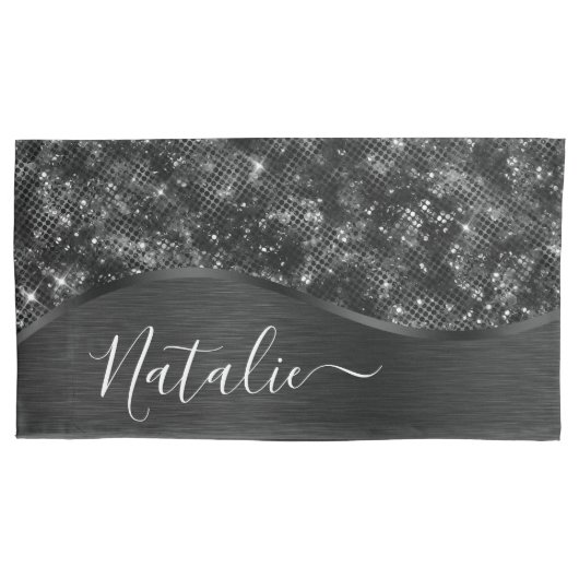 Metallic Black Glitter Personalized Kussensloop (Voorkant)