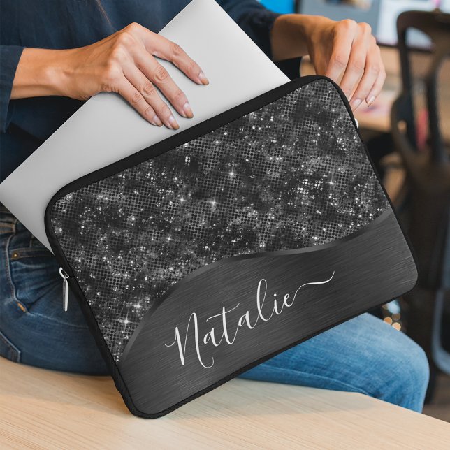Metallic Black Glitter Personalized Laptop Sleeve (Creator heeft geüpload)