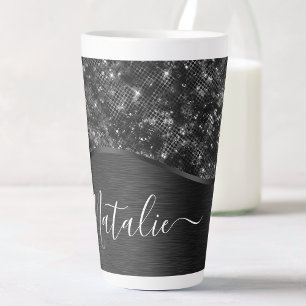 Metallic Black Glitter Personalized Latte Mok