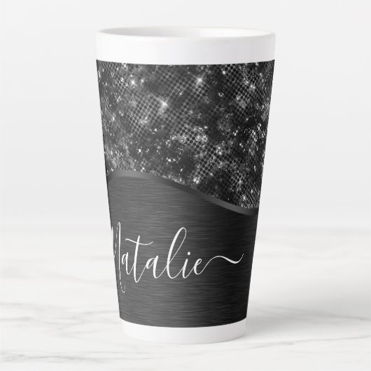 Metallic Black Glitter Personalized Latte Mok (Voorkant)