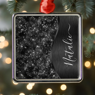 Metallic Black Glitter Personalized Metalen Ornament