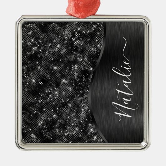 Metallic Black Glitter Personalized Metalen Ornament (Voorkant)