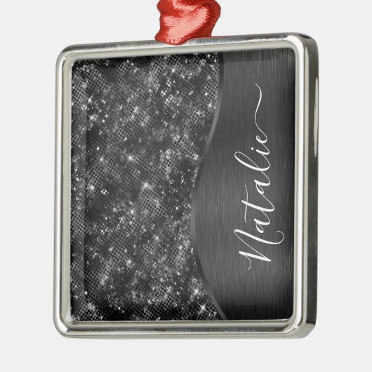 Metallic Black Glitter Personalized Metalen Ornament (Links)