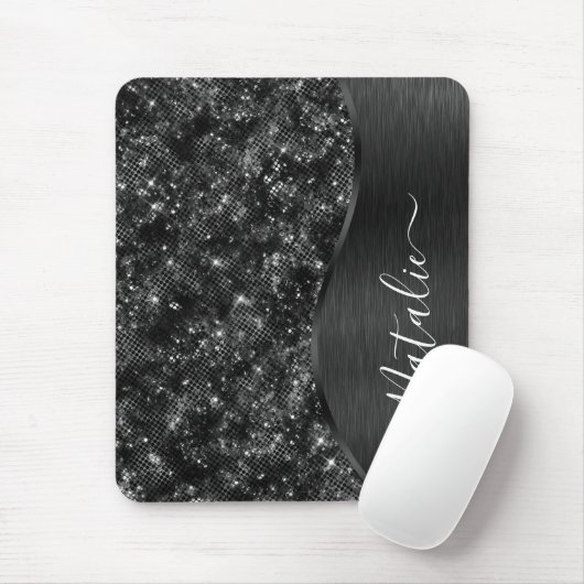 Metallic Black Glitter Personalized Muismat (Met muis)