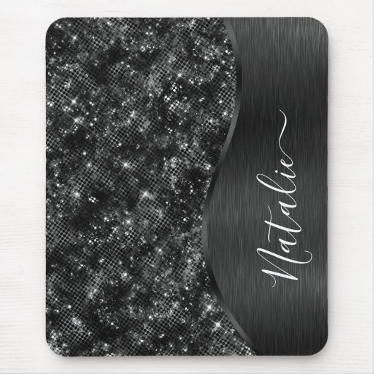 Metallic Black Glitter Personalized Muismat (Voorkant)