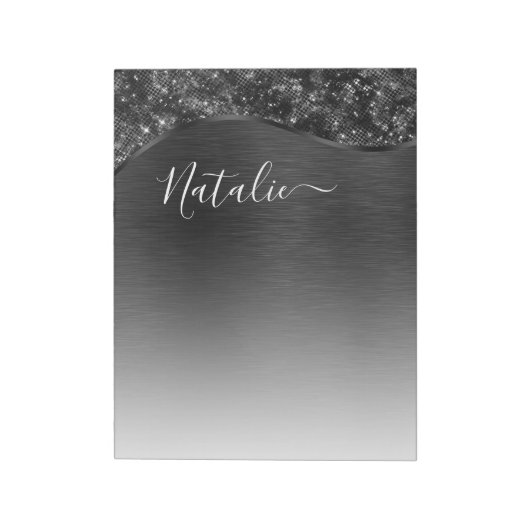 Metallic Black Glitter Personalized Notitieblok (Linkerzijde)