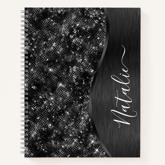 Metallic Black Glitter Personalized Notitieboek (Voorkant)