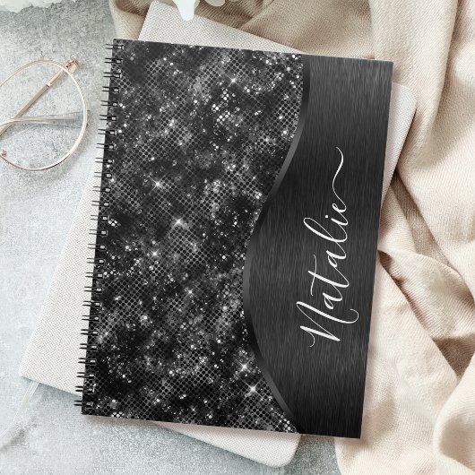 Metallic Black Glitter Personalized Notitieboek