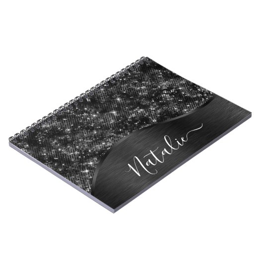 Metallic Black Glitter Personalized Notitieboek (Linkerzijde)