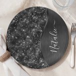 Metallic Black Glitter Personalized Papieren Bordje<br><div class="desc">Pas deze zwarte geborstelde metalen en glamoureuze neppapieren borden met uw eigen eigen naam eenvoudig aan.</div>