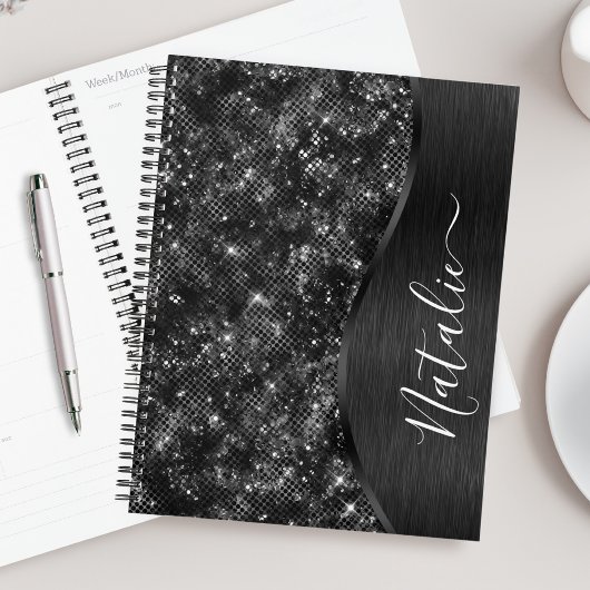 Metallic Black Glitter Personalized Planner