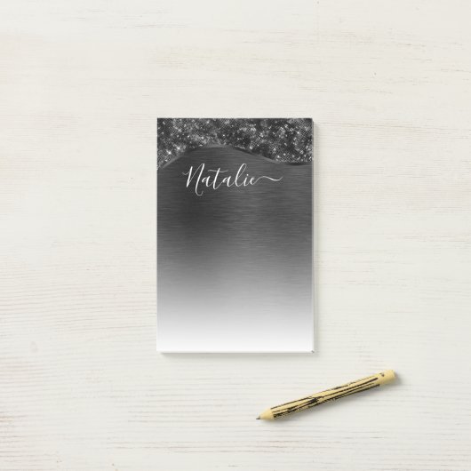 Metallic Black Glitter Personalized Post-it® Notes (Op bureau)