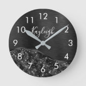 Metallic Black Glitter Personalized Ronde Klok (Voorkant)