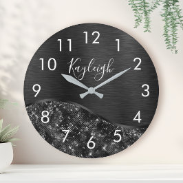 Metallic Black Glitter Personalized Ronde Klok