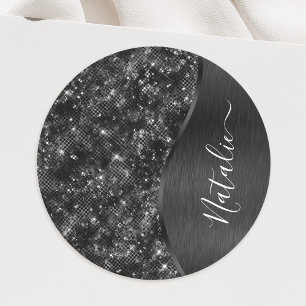 Metallic Black Glitter Personalized Ronde Sticker