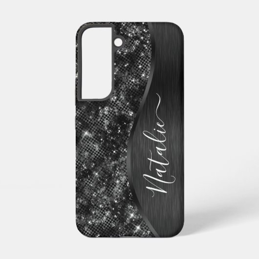Metallic Black Glitter Personalized Samsung Galaxy Hoesje (Achterkant)