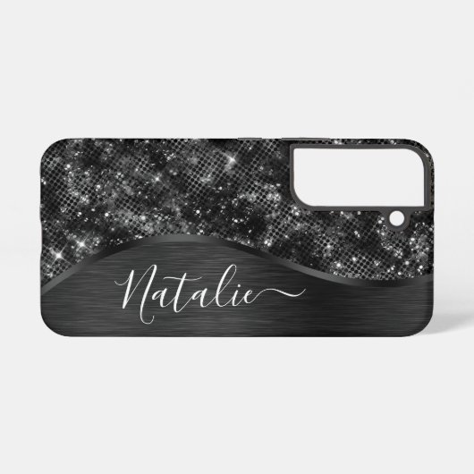 Metallic Black Glitter Personalized Samsung Galaxy Hoesje (Achterkant horizontaal)