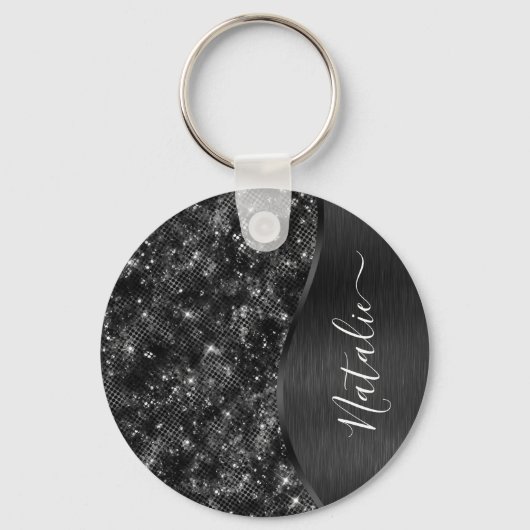 Metallic Black Glitter Personalized Sleutelhanger (Voorkant)