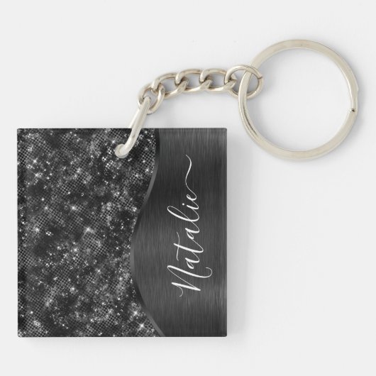 Metallic Black Glitter Personalized Sleutelhanger (Achterkant)